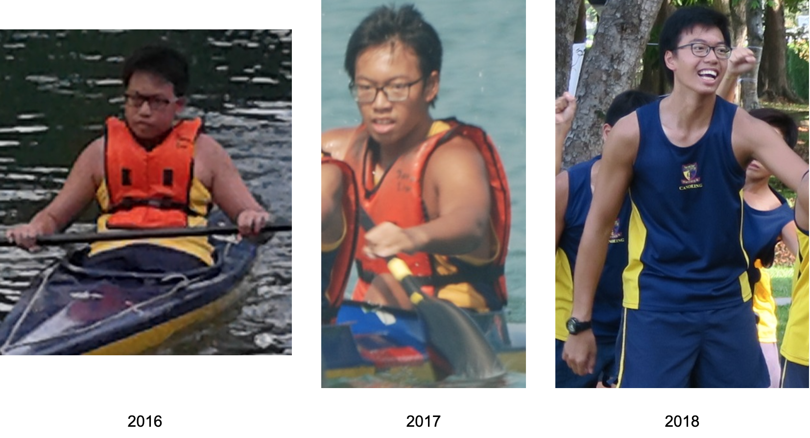 Three photos from 2016 to 2018 showing a young man's physical transformation, from kayaking with a life vest to a fit canoeing athlete.